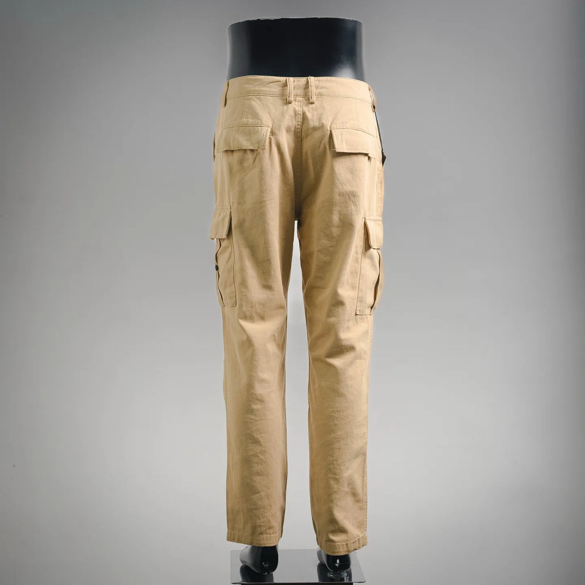 Tan cargo pants with back yoke and buttoned waistband