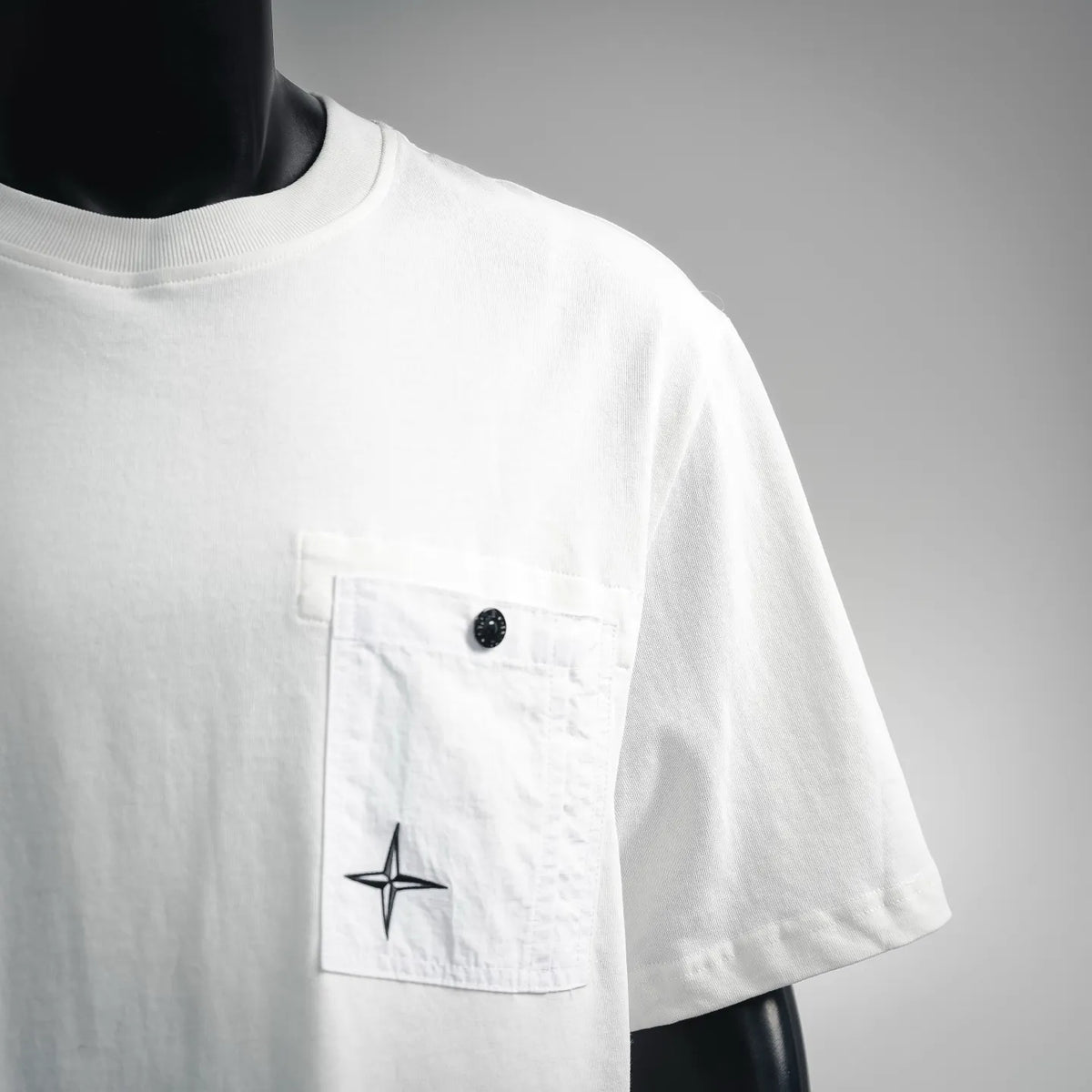 Stone Island short-sleeve T-shirt front, white with buttoned chest pocket and star print