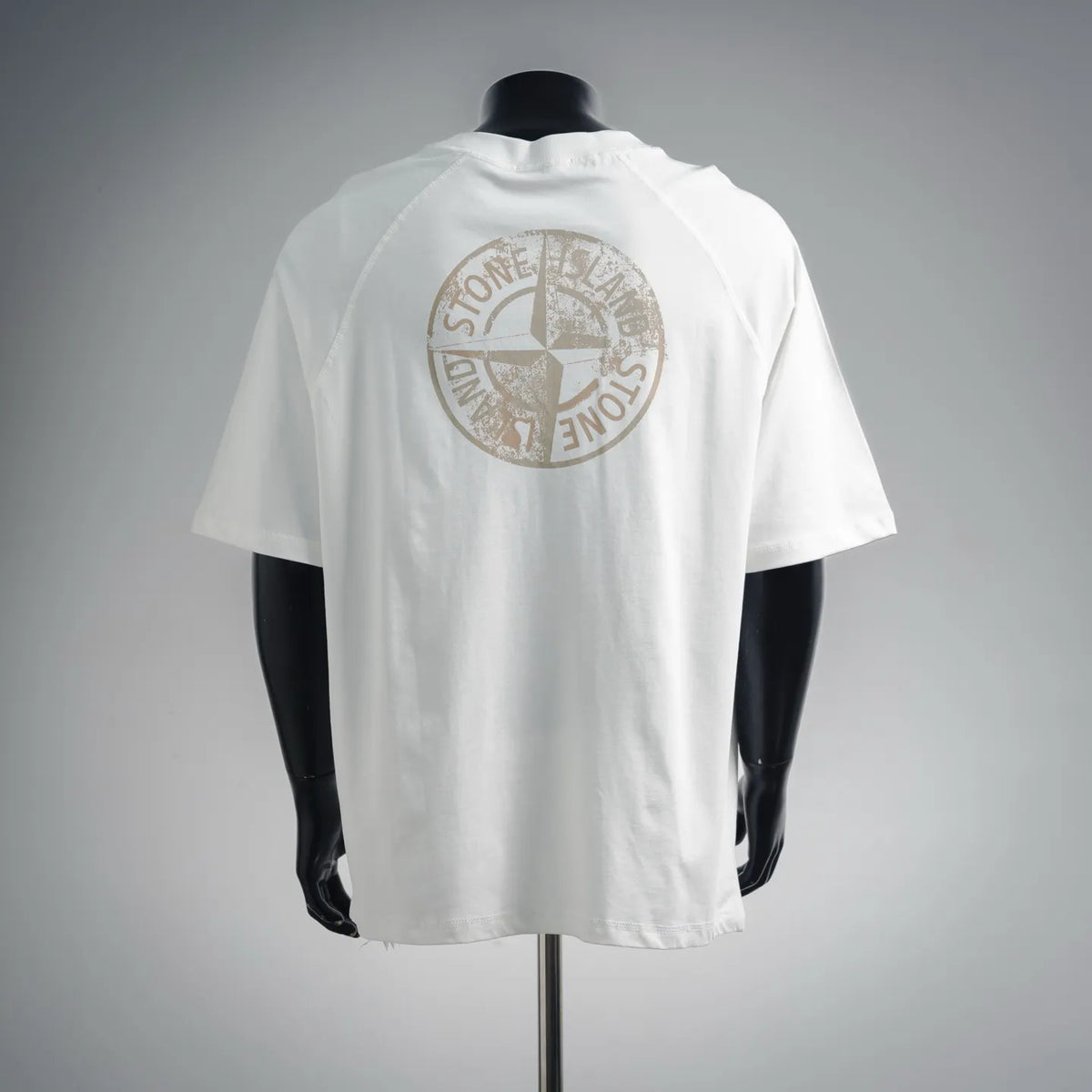 White short-sleeve T-shirt with large circular Stone Island graphic on back