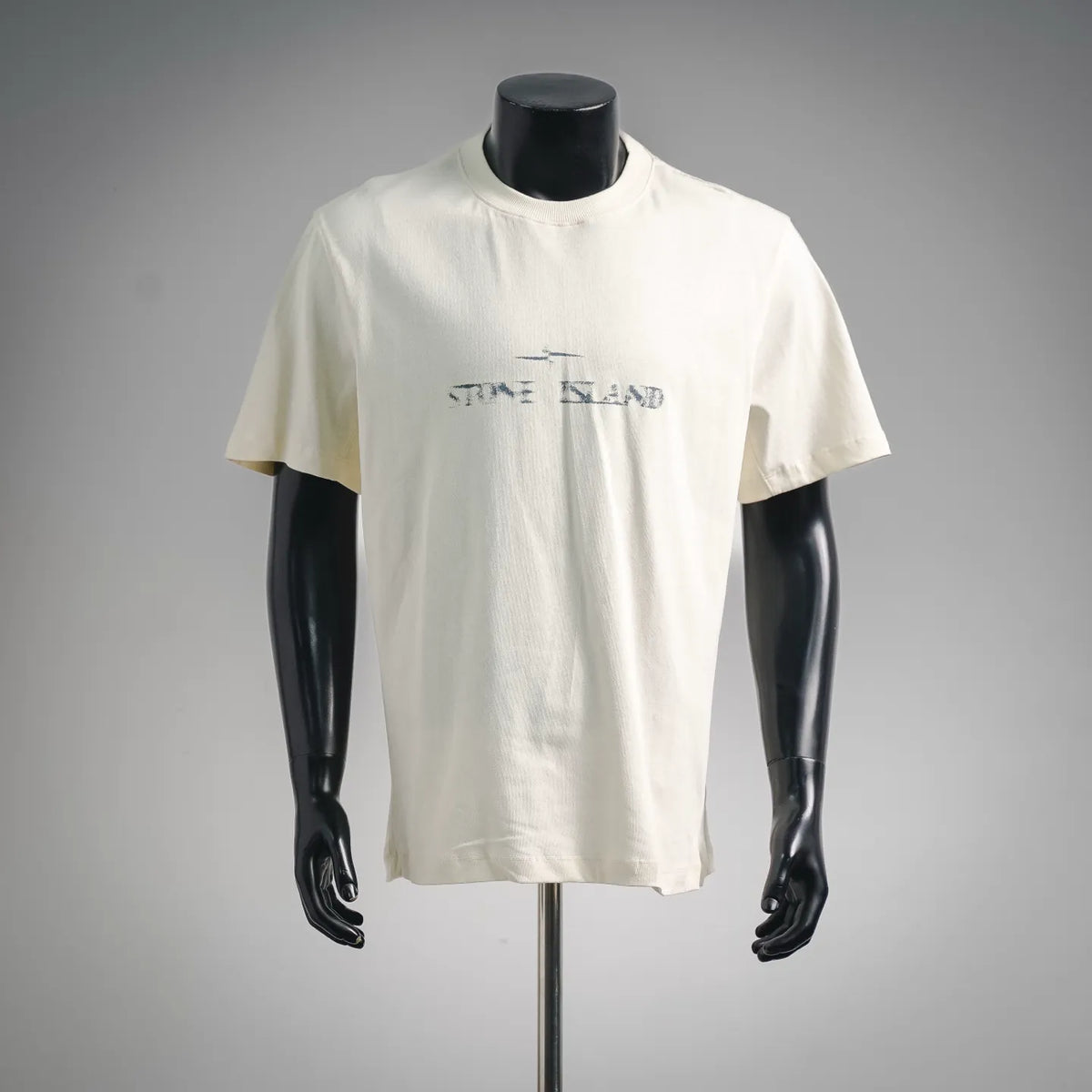 Stone Island short-sleeve T-shirt, light cream, crew neck, blue logo print on chest