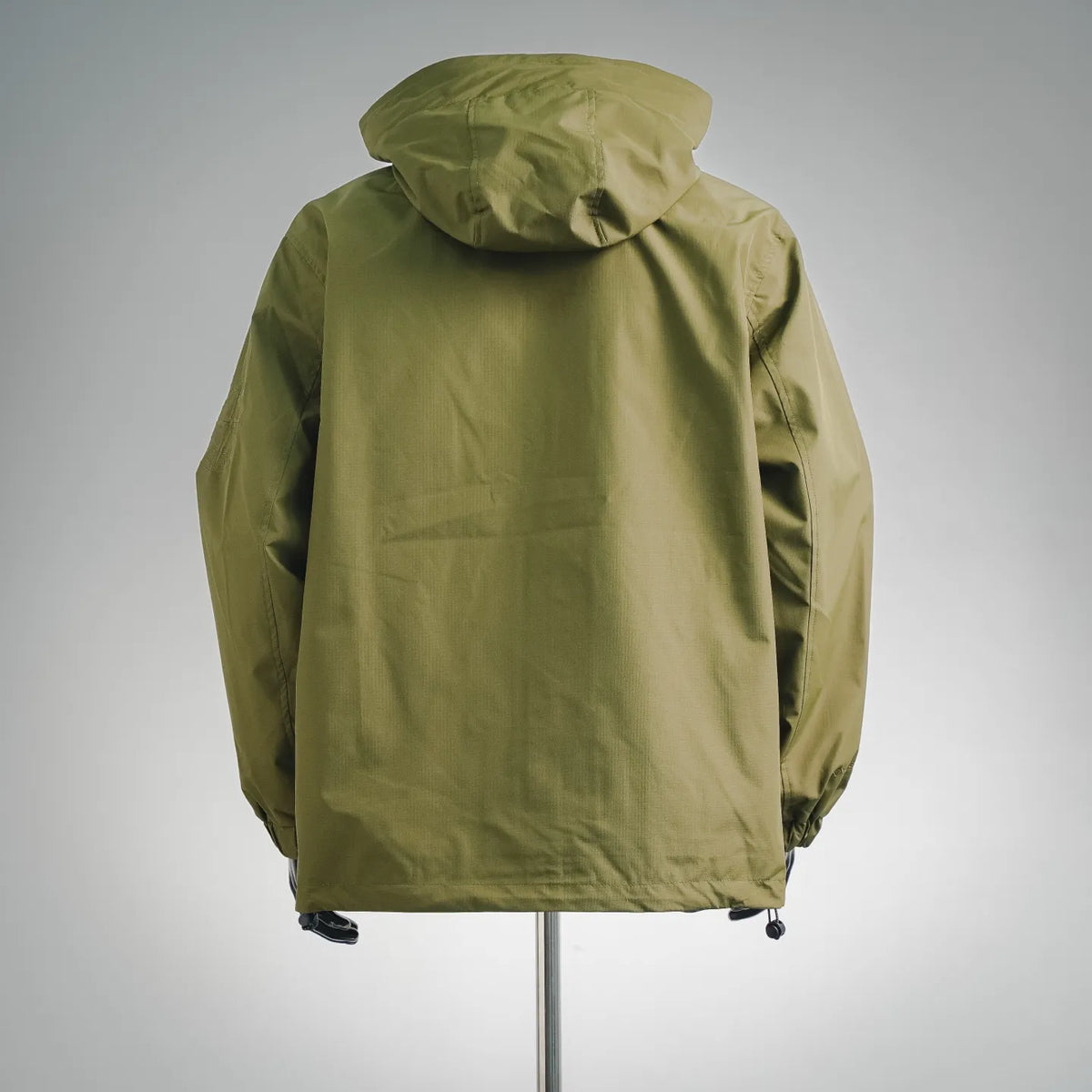Olive green hooded zip coat, back view with adjustable hem and cuff details