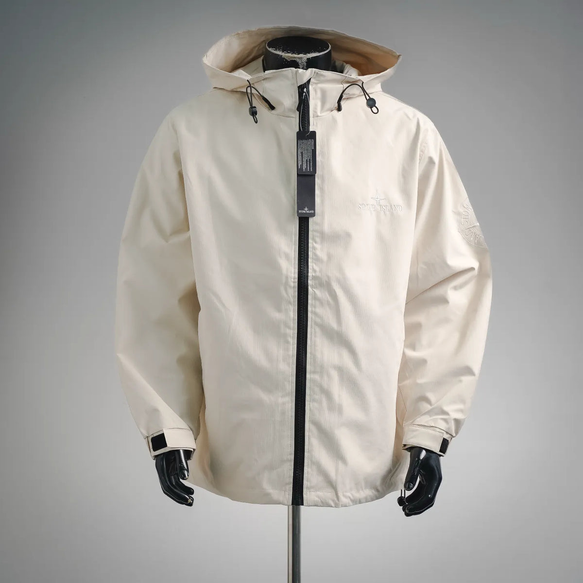 White hooded coat with full-length zip and drawstring hood