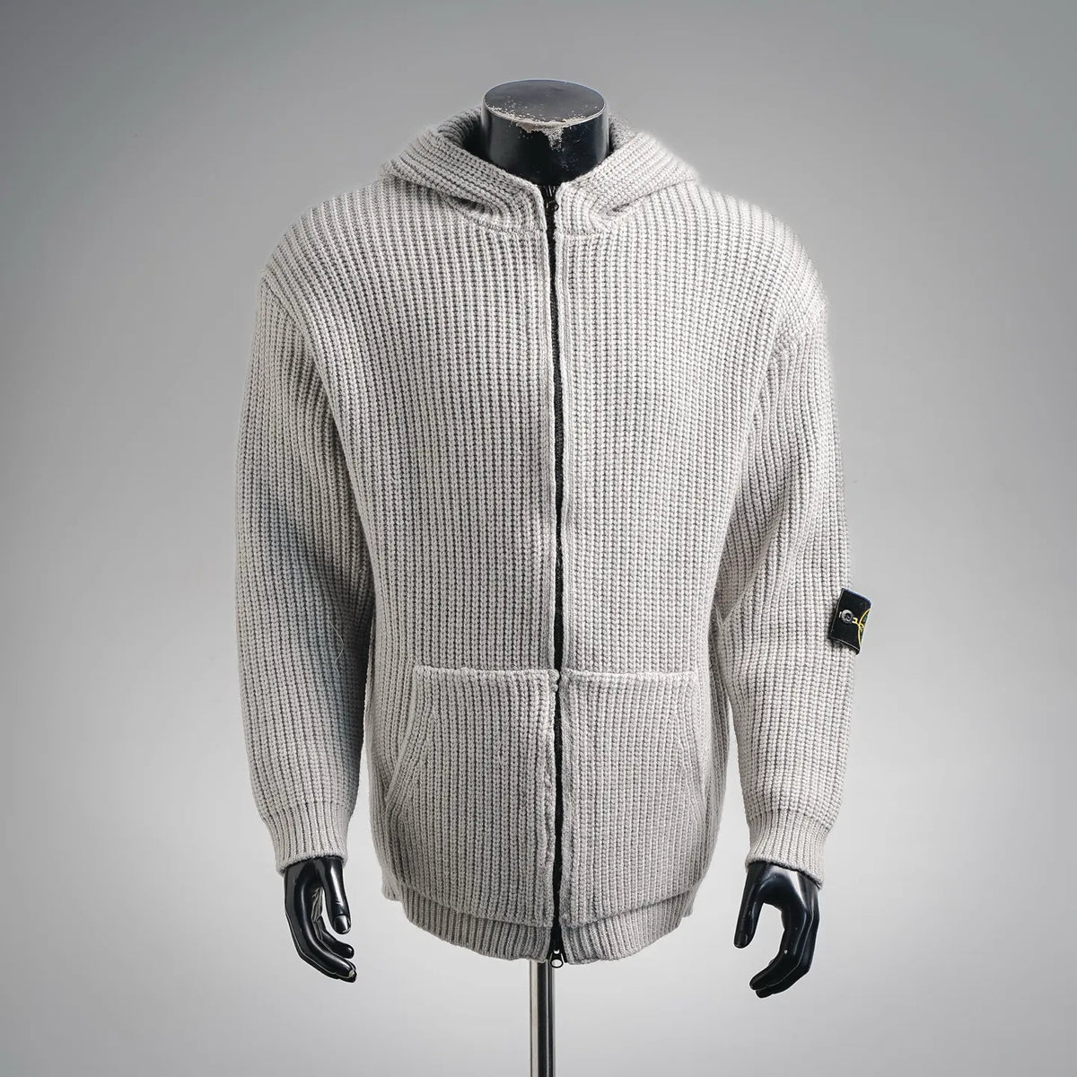 Stone Island light gray knit zip-up coat with hood, ribbed hem and cuffs