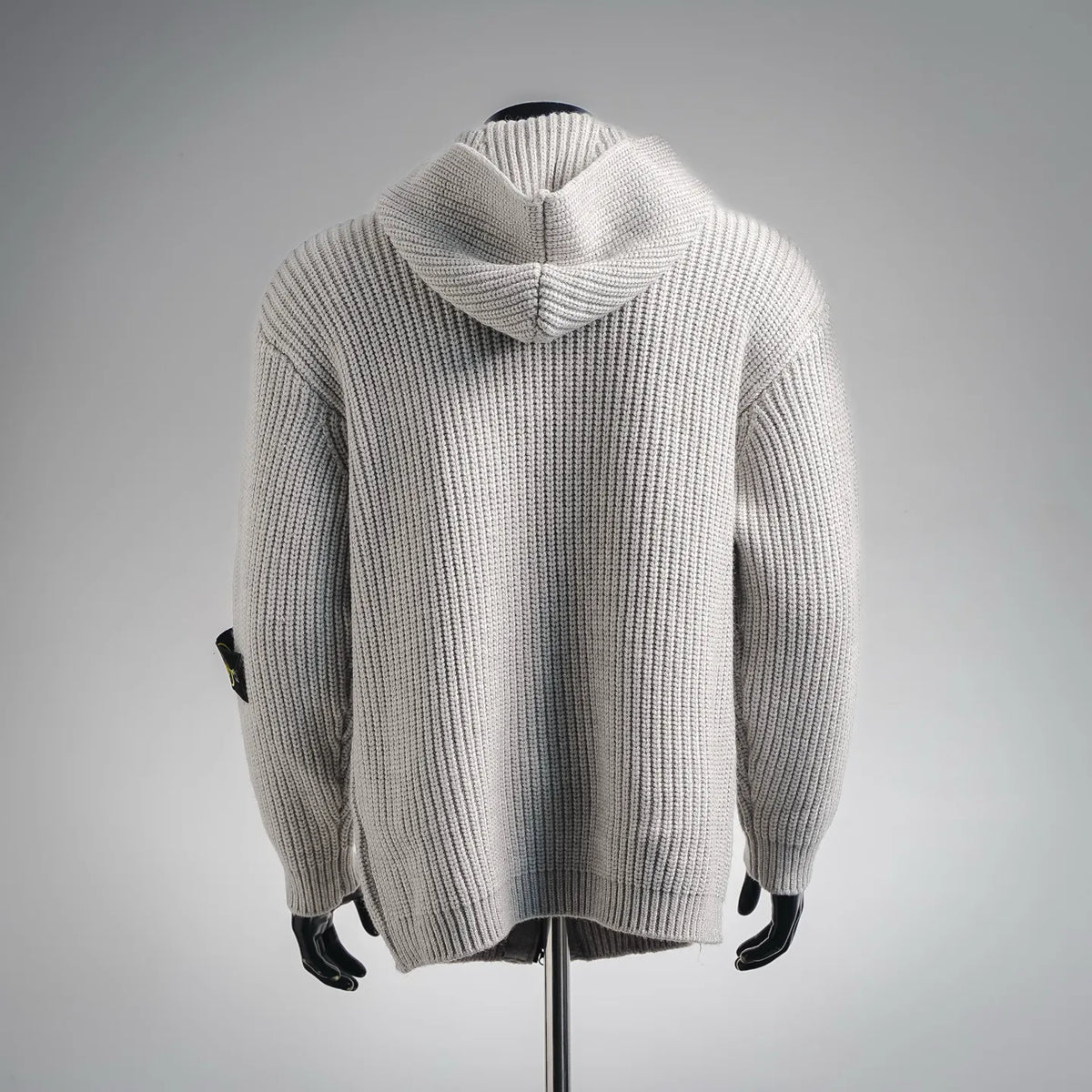 Stone Island light gray knit hooded zip-up coat, ribbed front and side panels