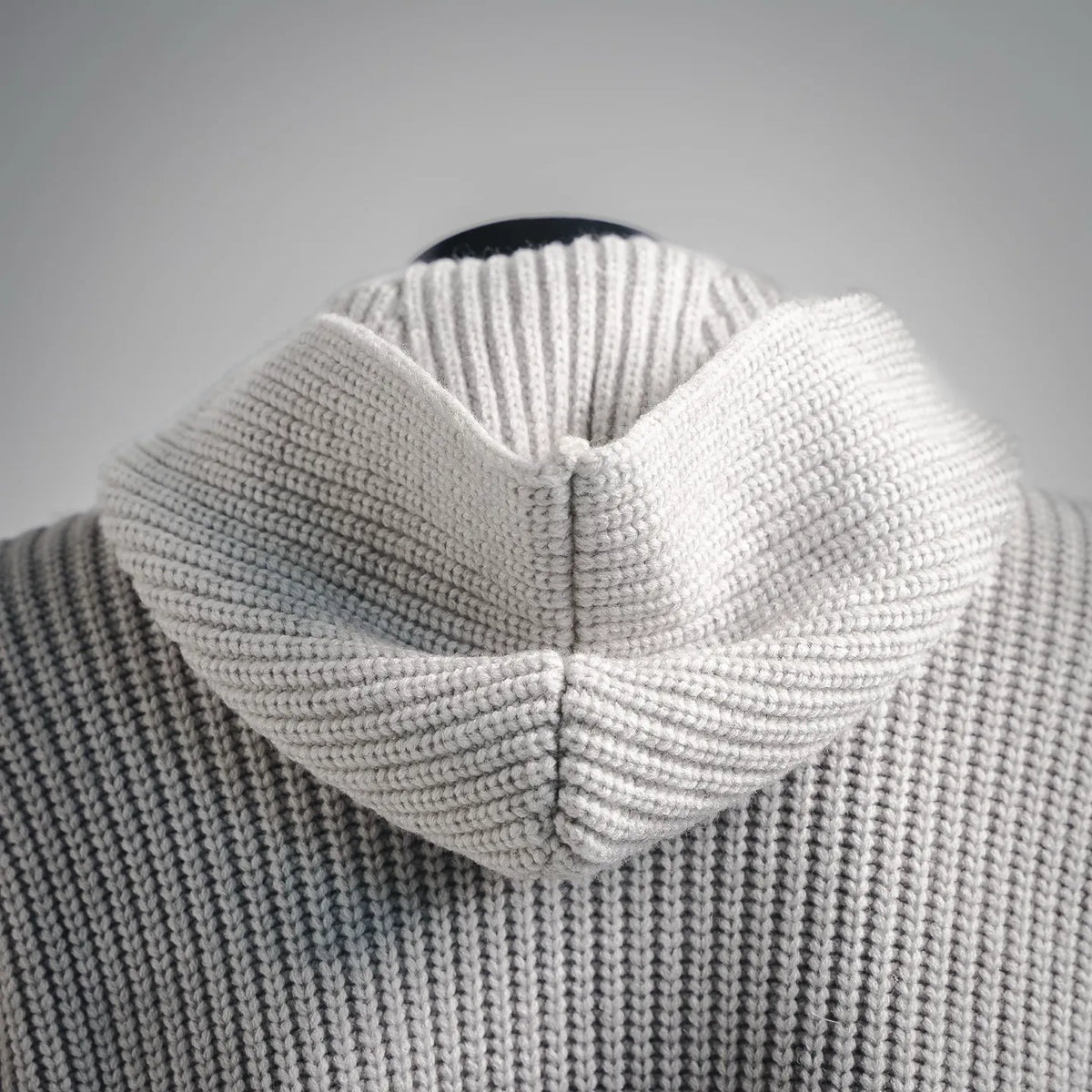 Stone Island light gray knit hood with drawstring and central zip seam detail