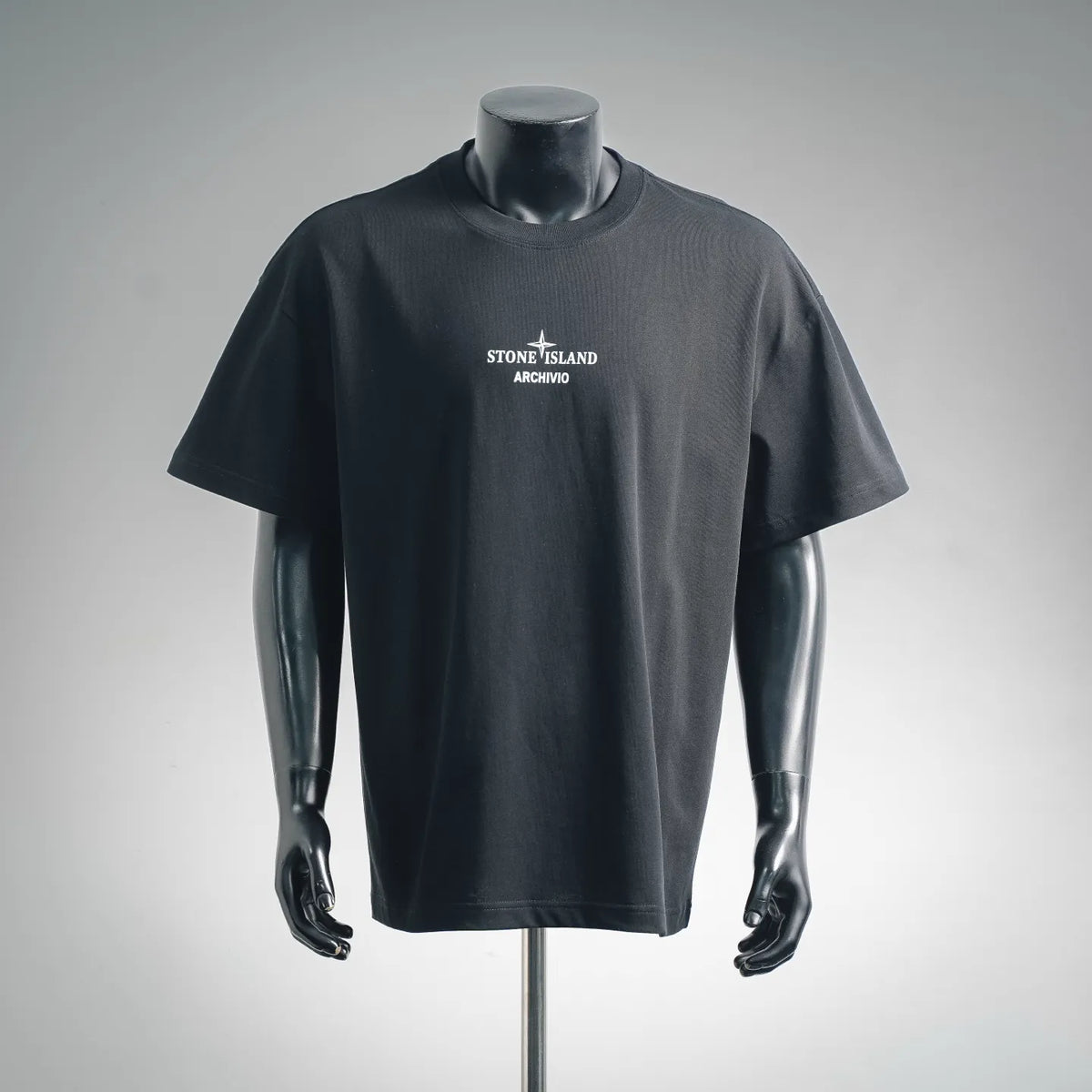 Graphic T-shirt with round neck and short sleeves, dark fabric, front Stone Island Archivio logo