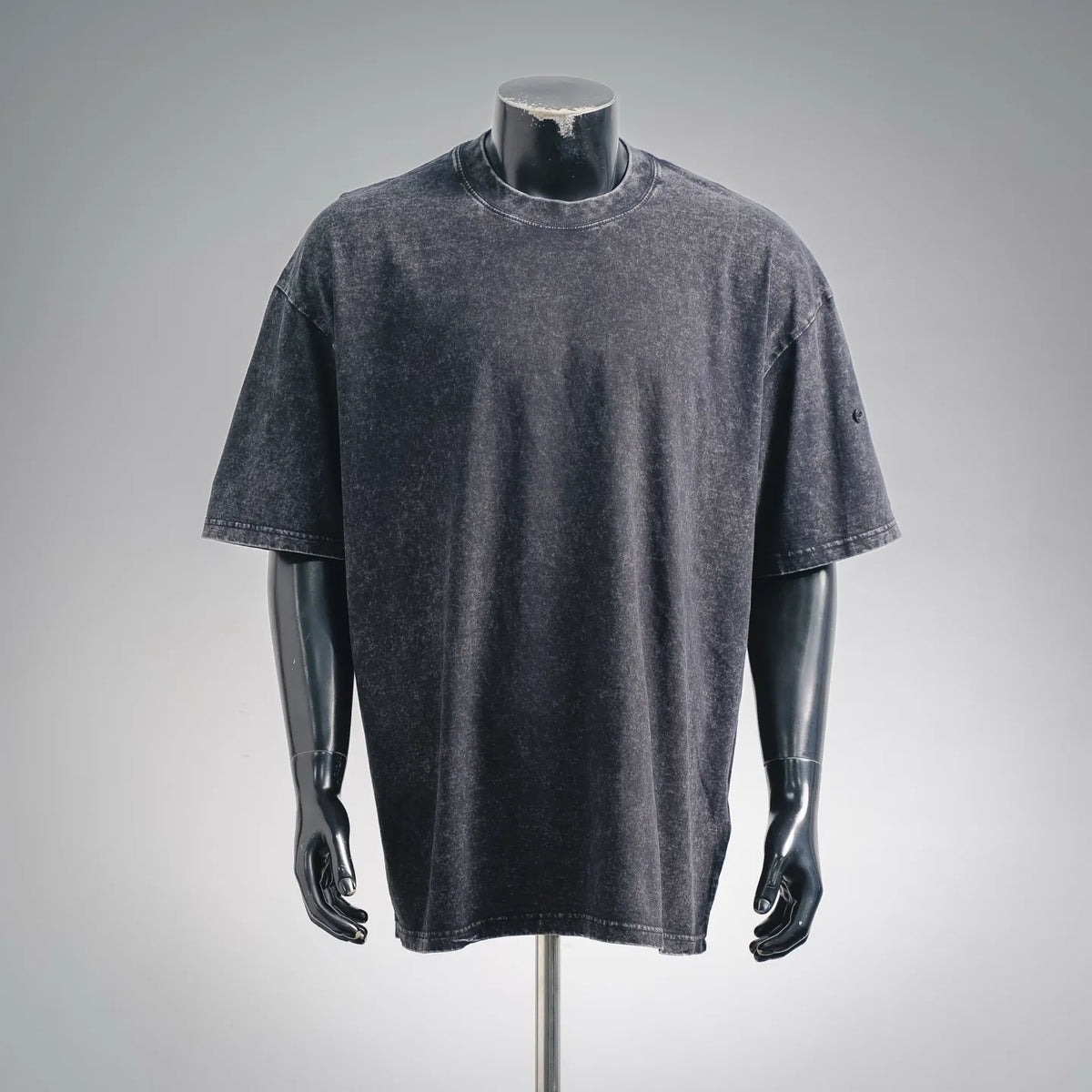 Dark gray short-sleeve t-shirt on mannequin with round crew neck