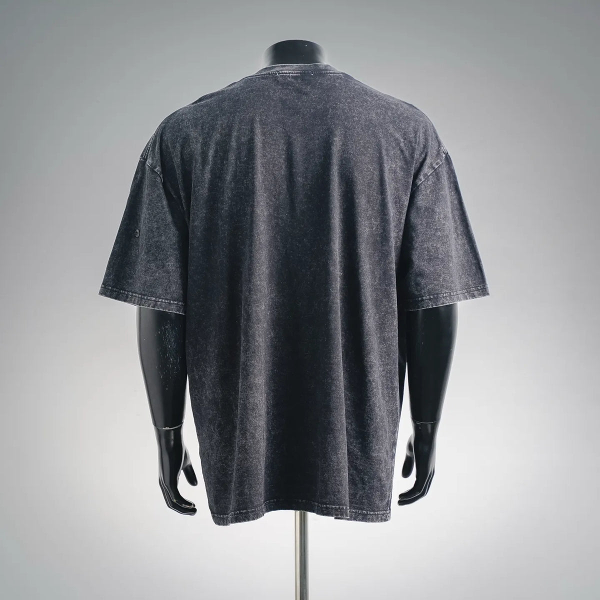 Dark gray short-sleeve t-shirt back on mannequin with short sleeves