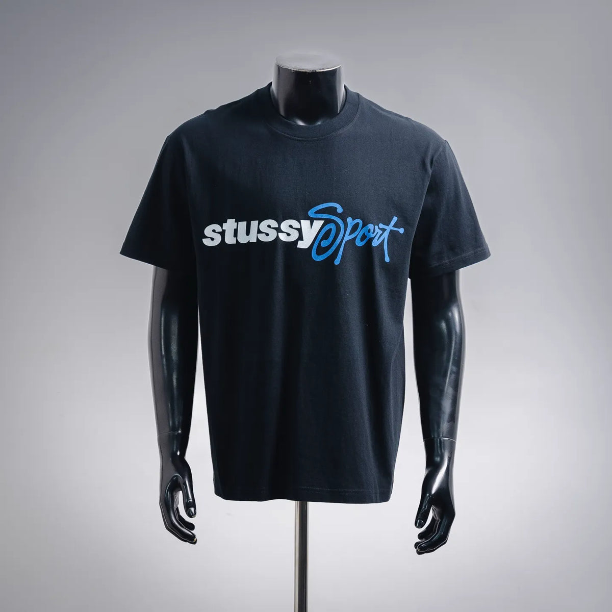 Men's black short-sleeve T-shirt with Stussy Sport logo graphic front