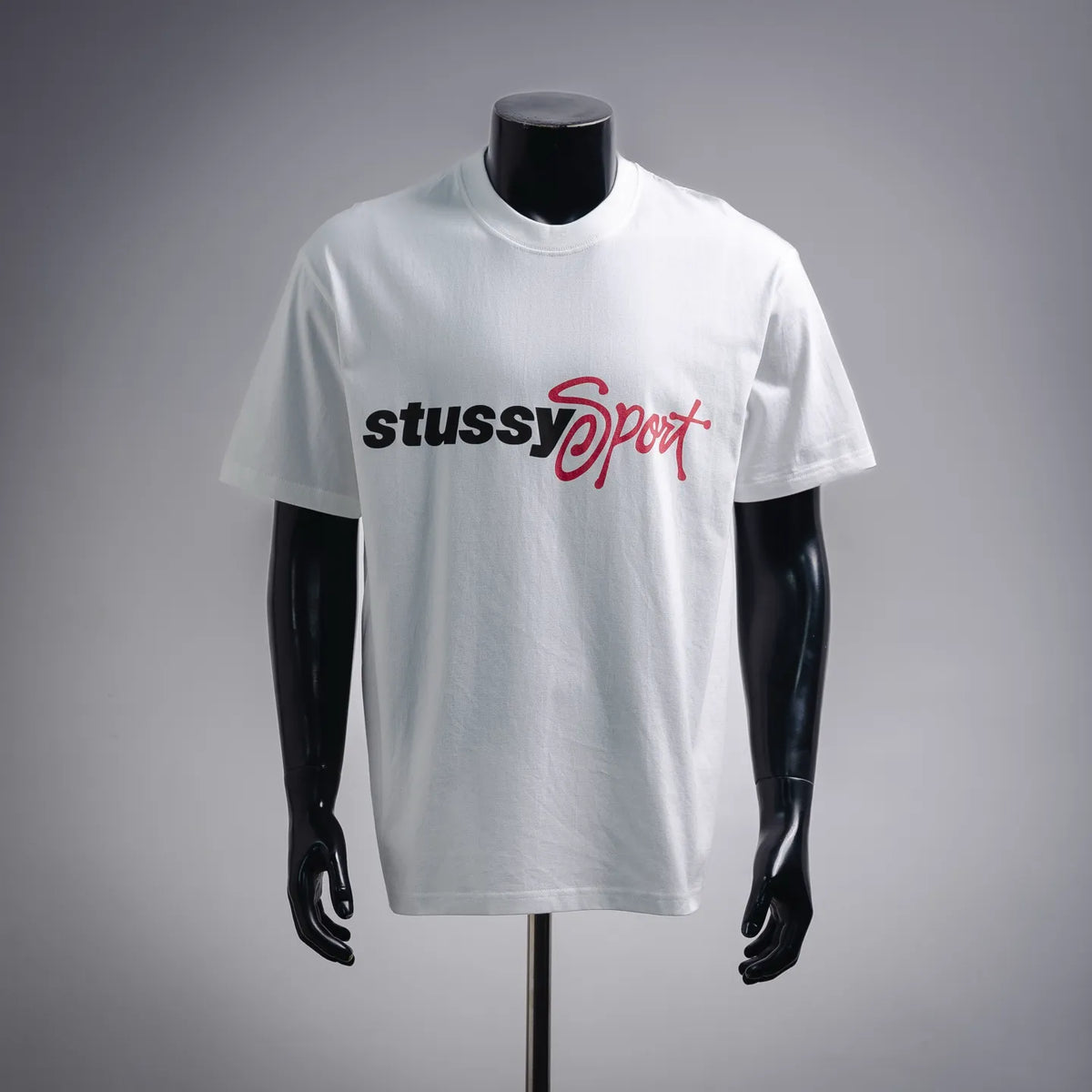 White Stussy Sport T-shirt with black and red chest logo