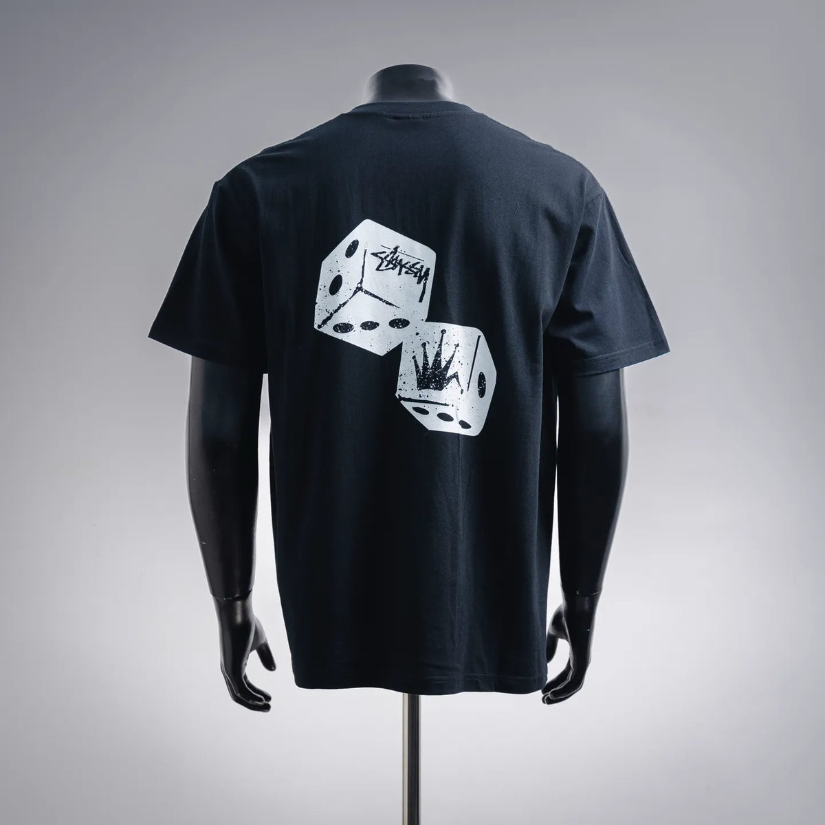 Black Stussy short-sleeve T-shirt with large dice graphic on back