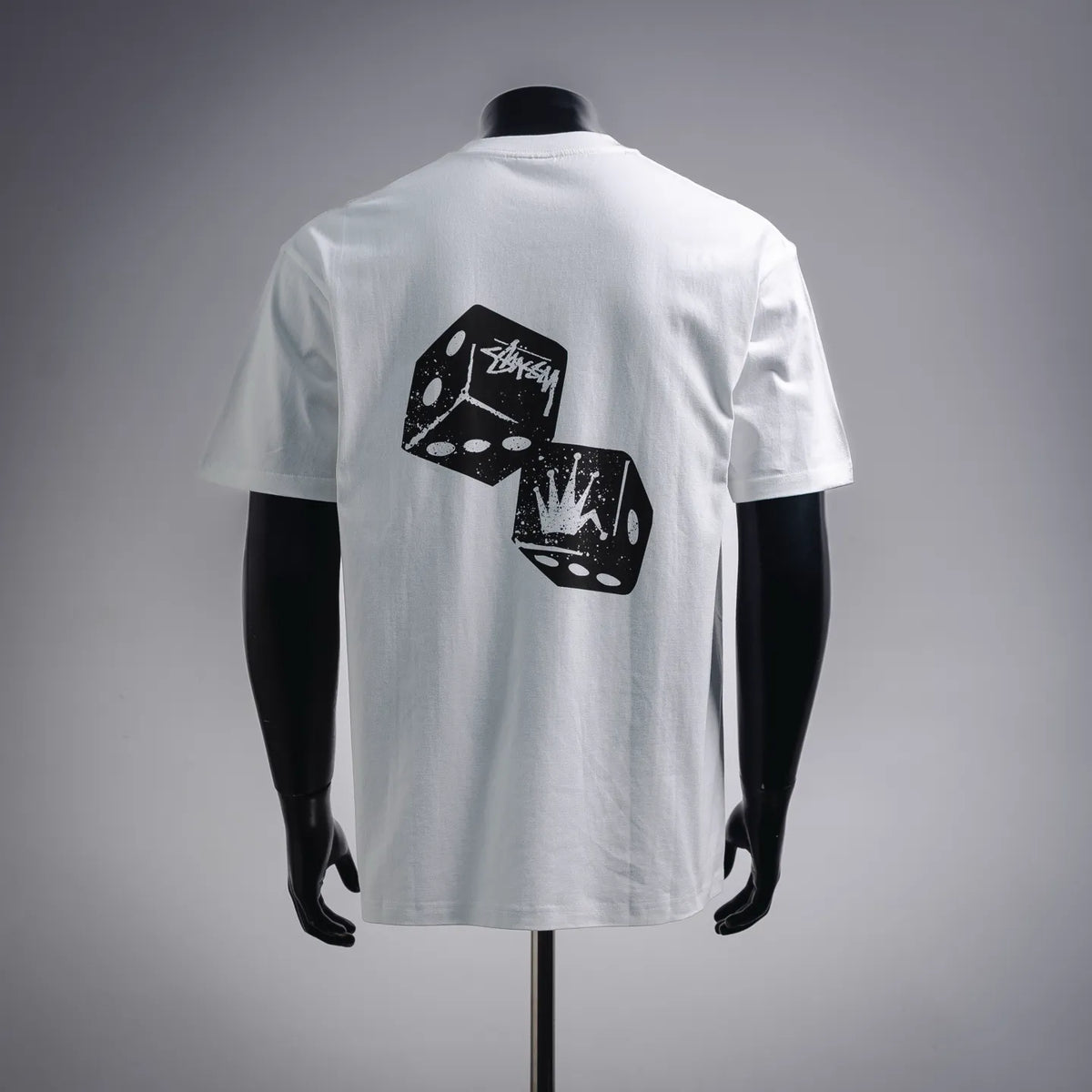 White Stussy short-sleeve T-shirt with large black back graphic print