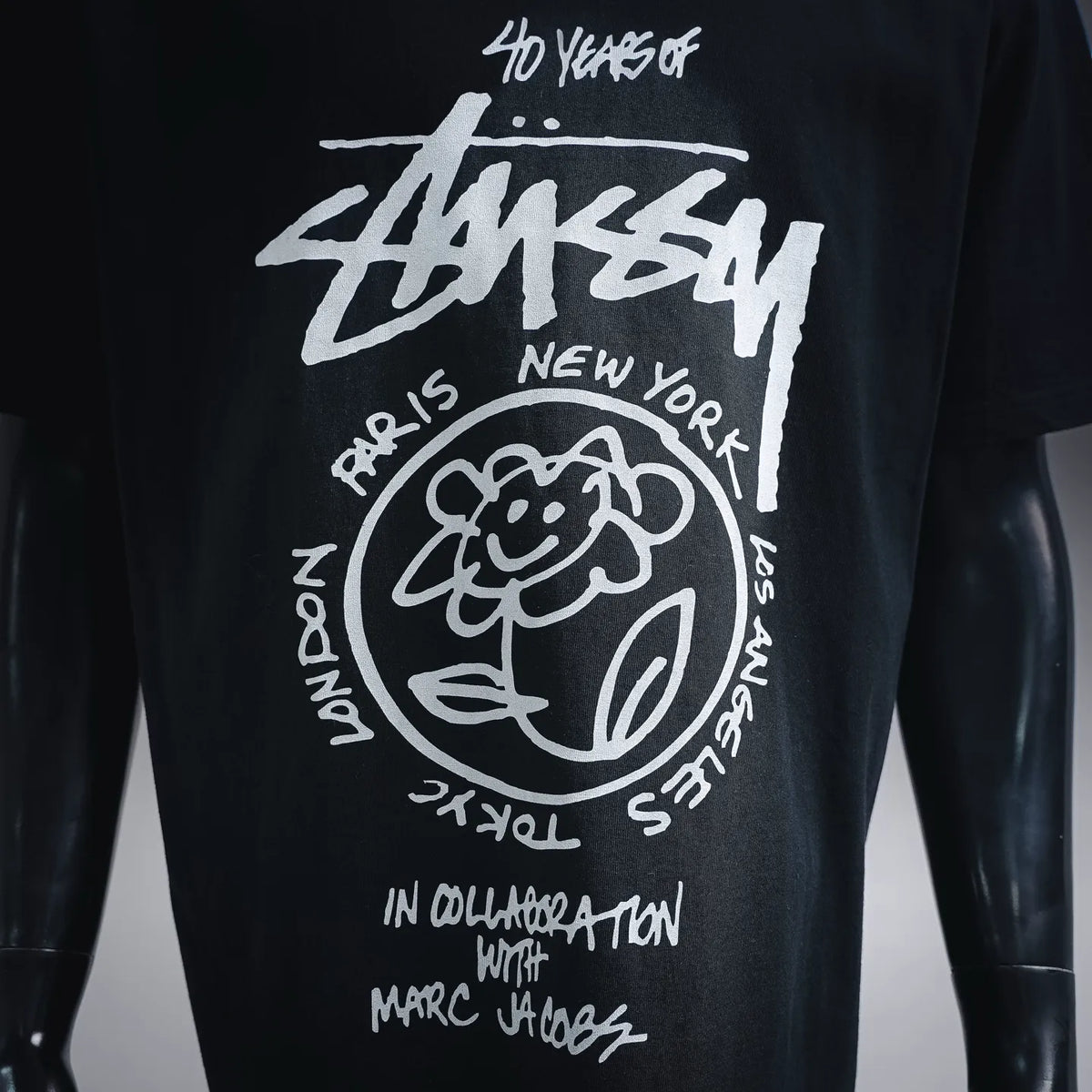 Stussy graphic T-shirt chest close-up with white New York logo artwork