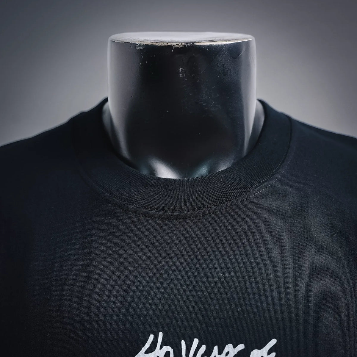 Stussy T-shirt neckline close-up with ribbed crew neck and minimal seam detail