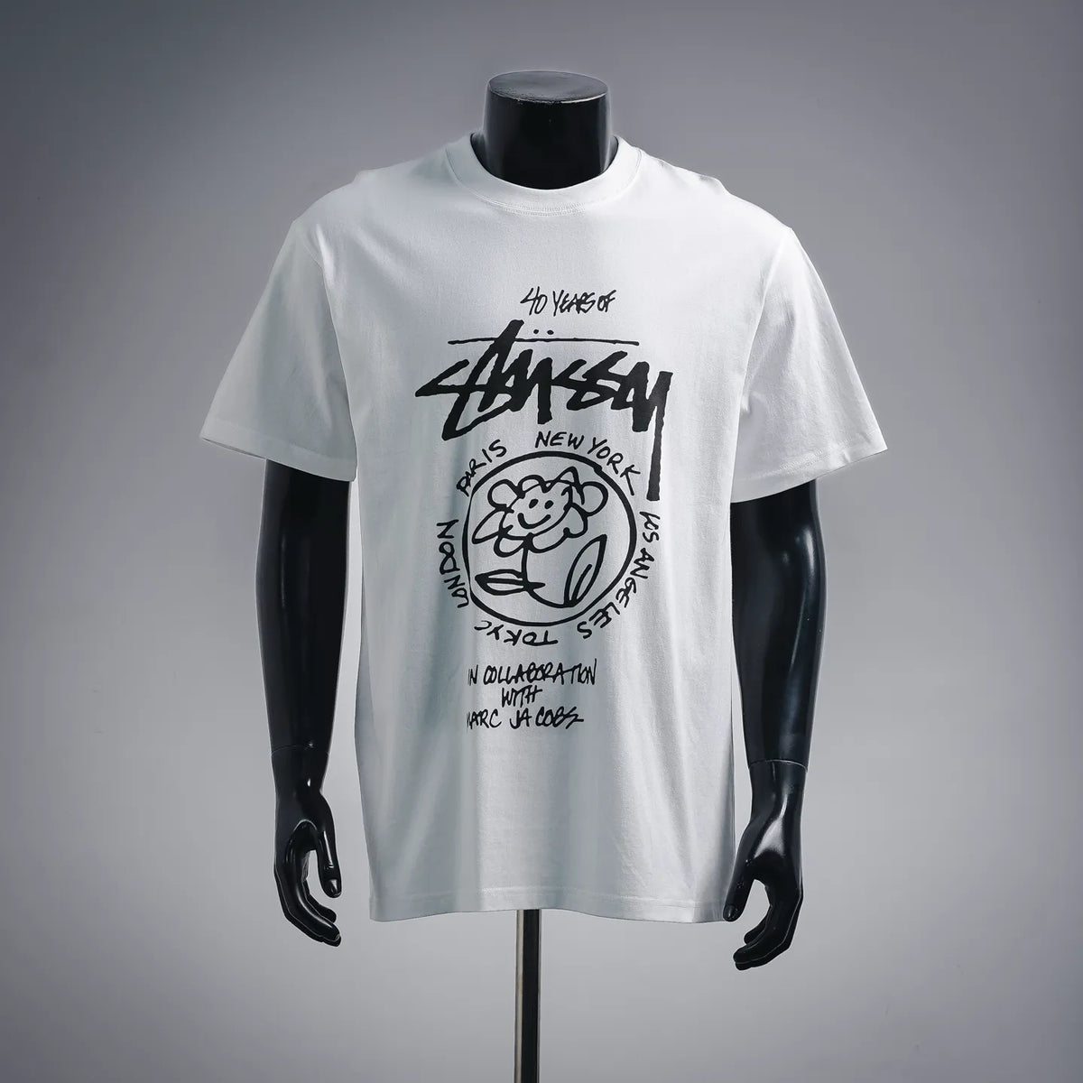 White crew-neck T-shirt with black graphic print on front