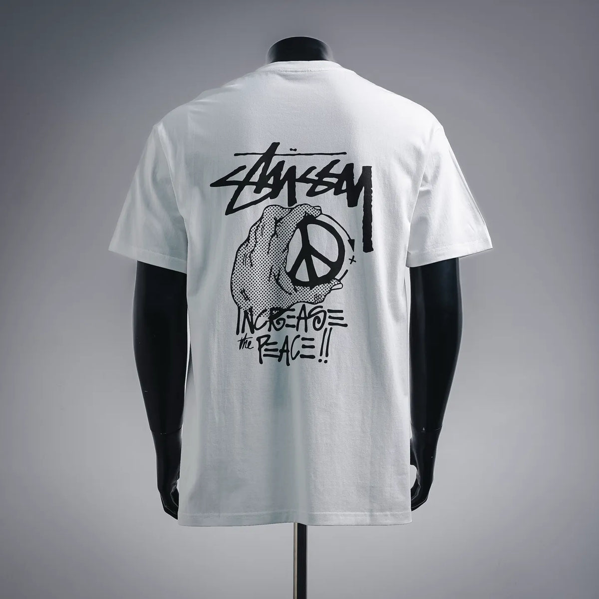 White short-sleeve T-shirt with large back peace graphic print