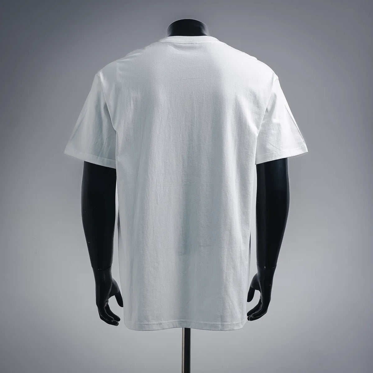 White Stussy N°4 T-shirt back view on mannequin, short sleeves