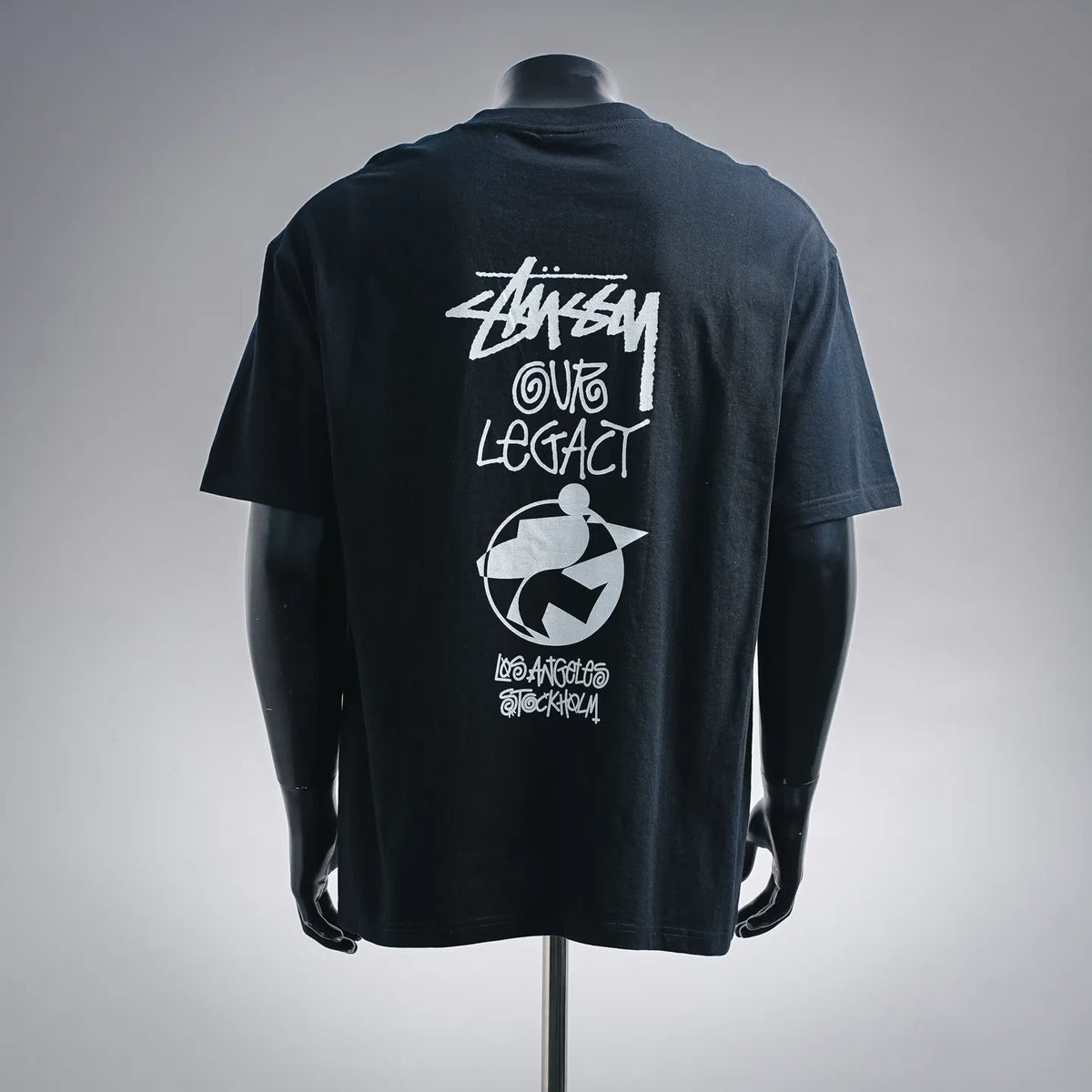Black Stussy short-sleeve T-shirt with large back graphic print