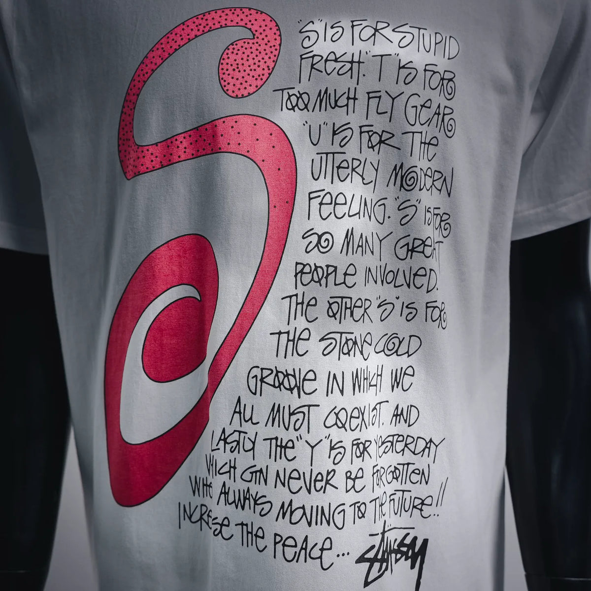 Stussy white T-shirt with red and black S-style logo and dense text print