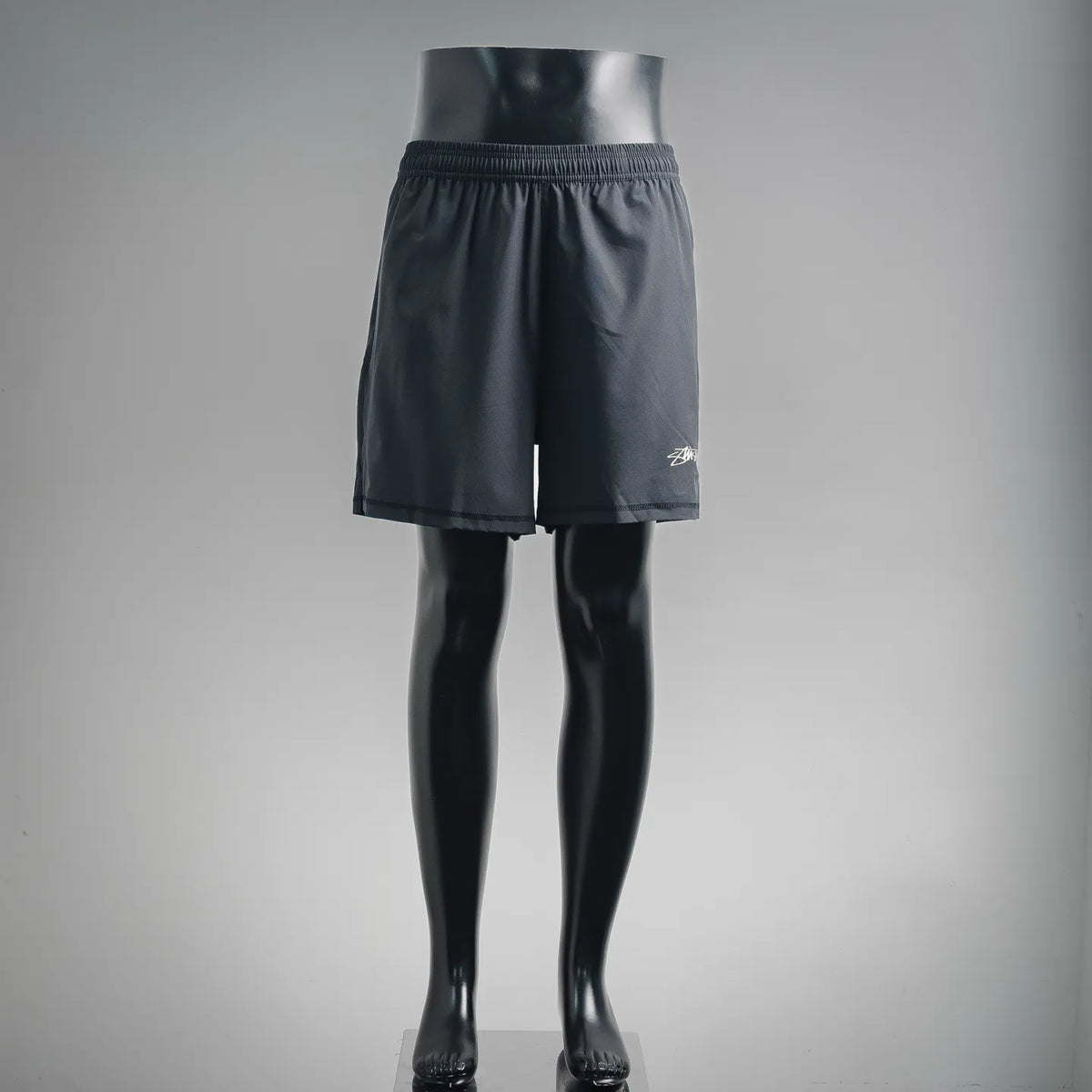 Dark gray elastic-waist shorts with drawstring, front view