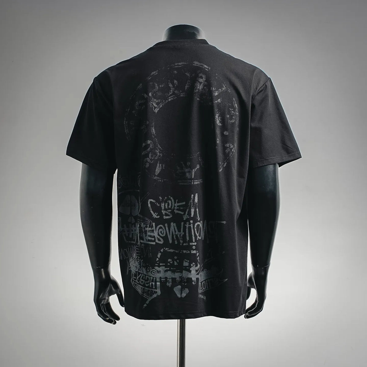 Stussy black graphic T-shirt with all-over back print