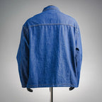 Denim zip jacket back view with yoke seam and stitched collar