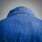 Denim jacket shoulder and upper back fabric close-up