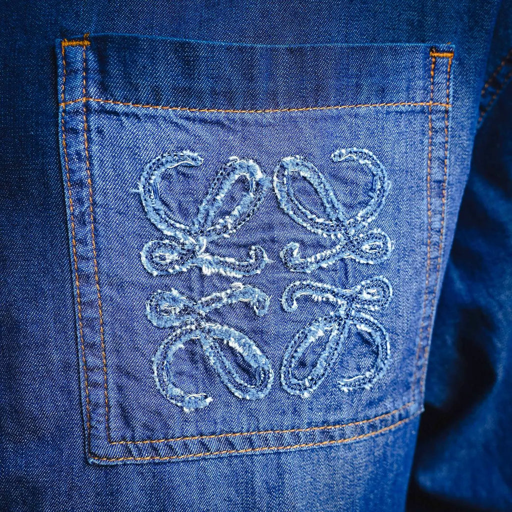 LOEWE denim coat pocket with embroidered logo detail