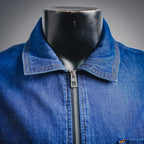 Denim jacket with stand collar and front metal zipper