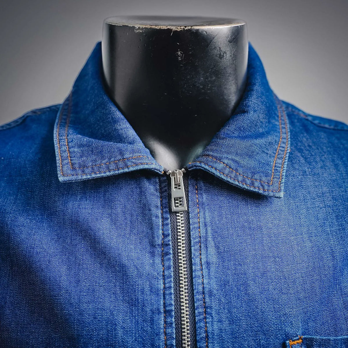 Denim jacket with stand collar and front metal zipper