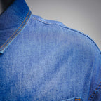 Denim jacket shoulder seam and collar edge stitching close-up