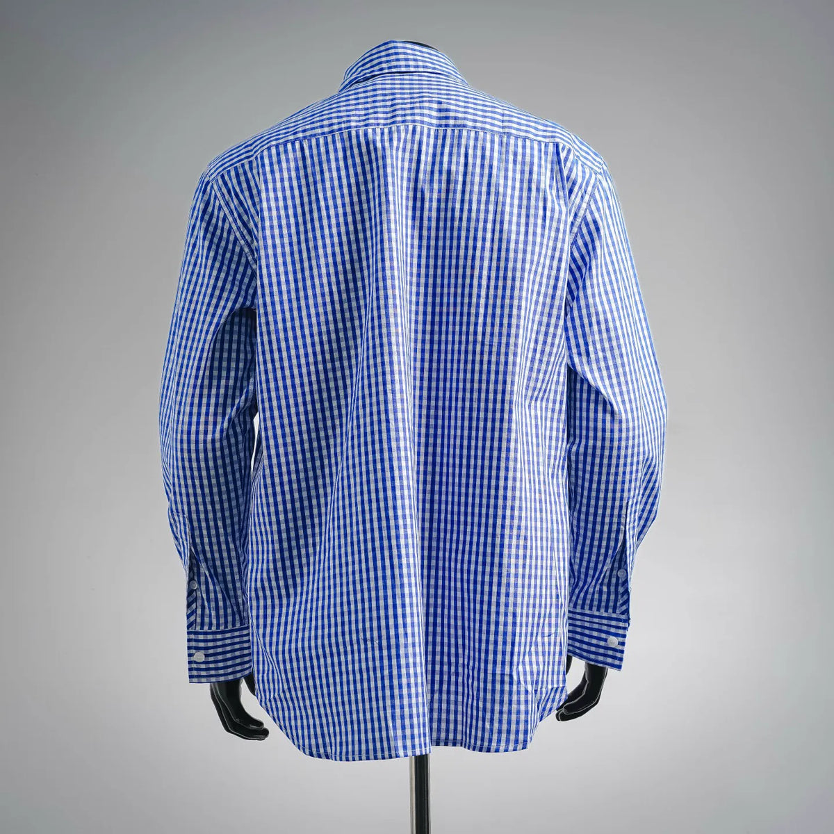 Blue and white check long-sleeve shirt, back view on mannequin.