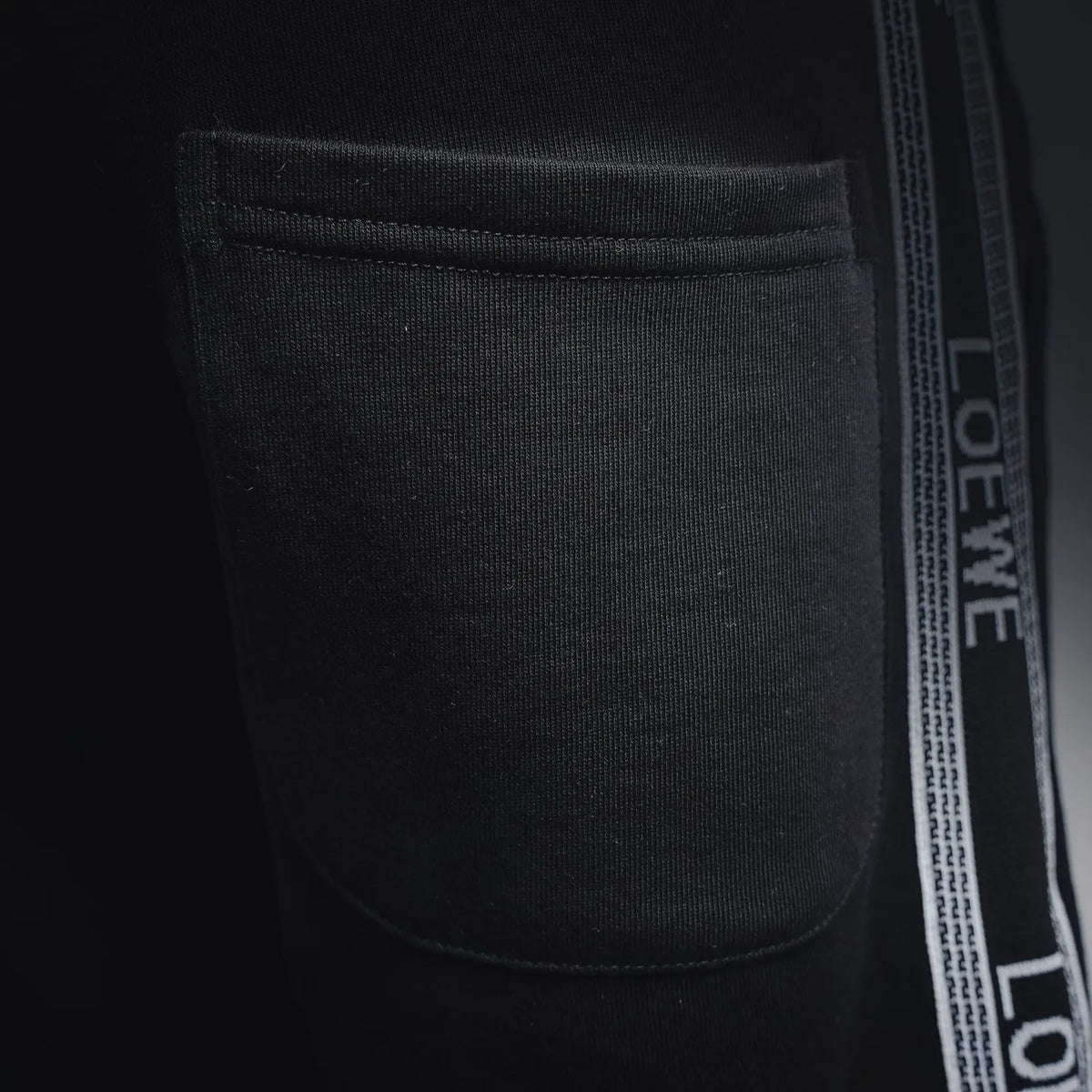 LOEWE black shorts side pocket with clean edge stitching