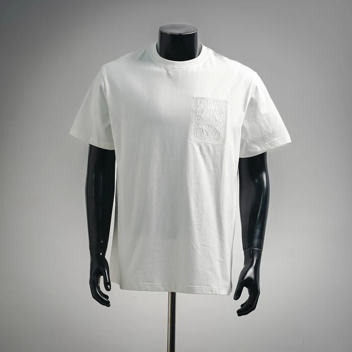 White short-sleeve T-shirt with embossed LOEWE logo patch on chest