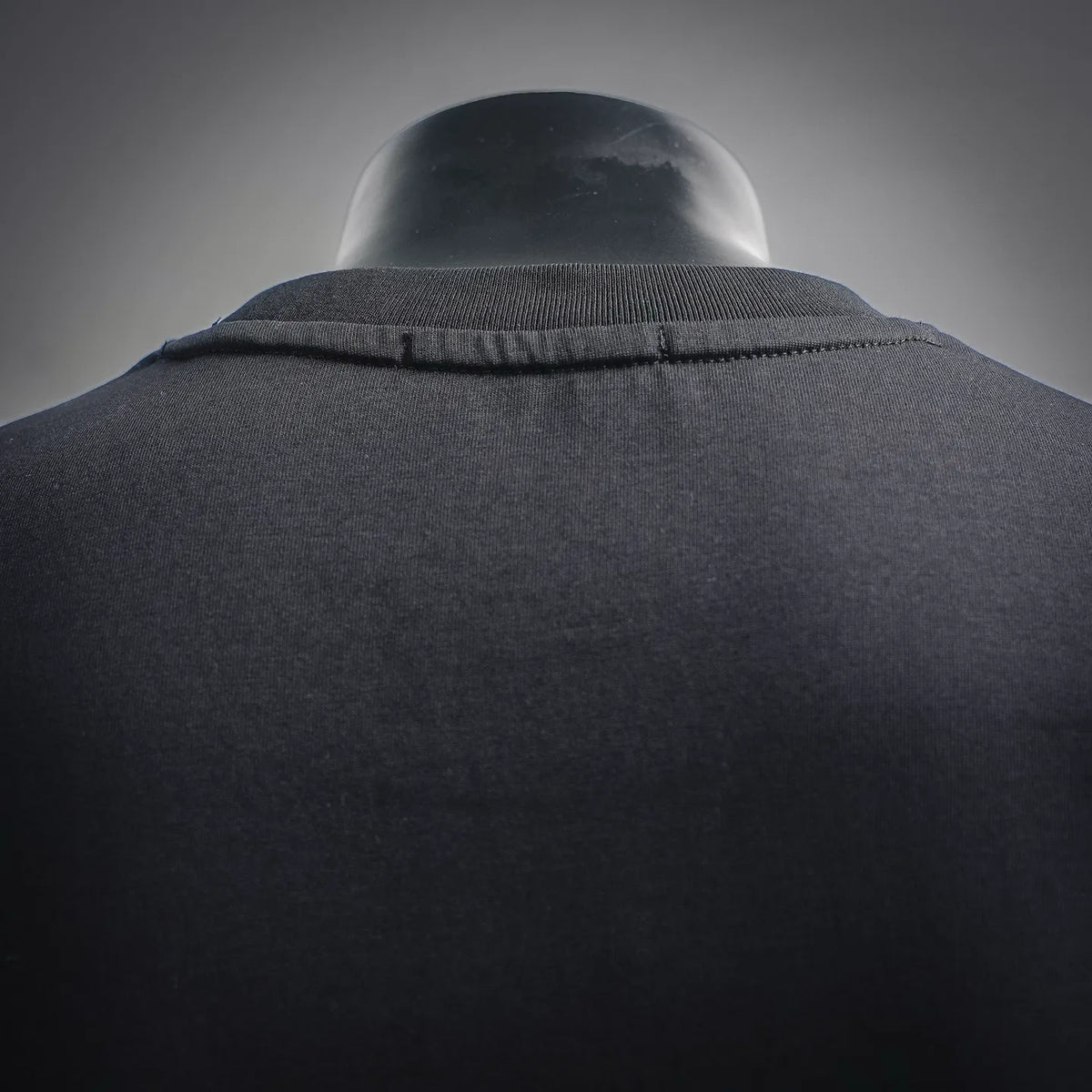 Dark T-shirt with ribbed crew neckline and visible back yoke seam
