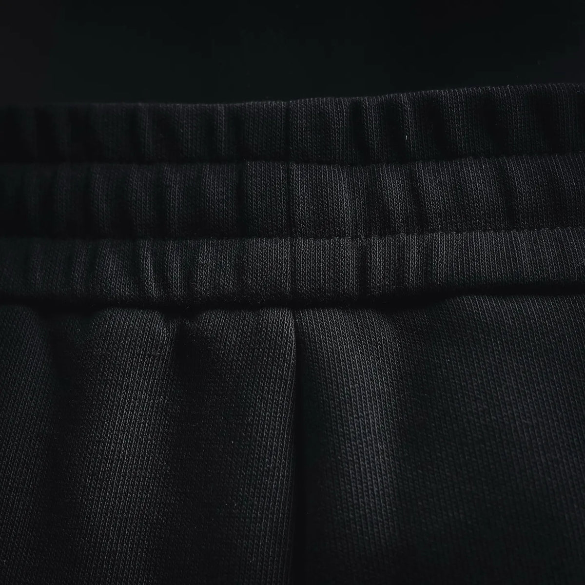 Black knit waistband and fabric close-up on shorts-style pants
