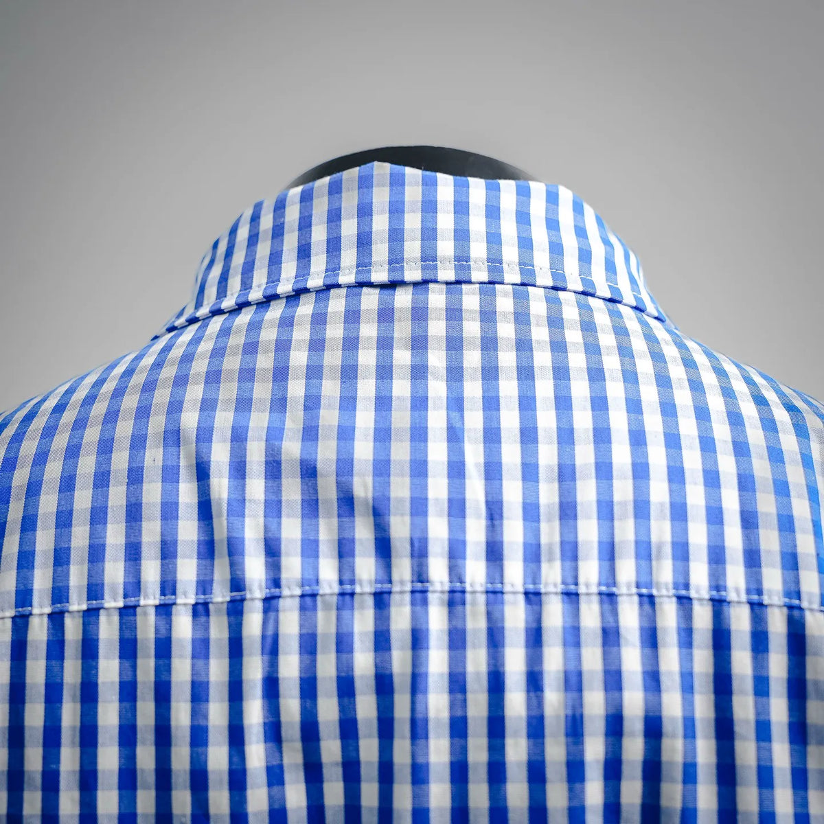 Blue and white gingham shirt back neckline and shoulder pleats