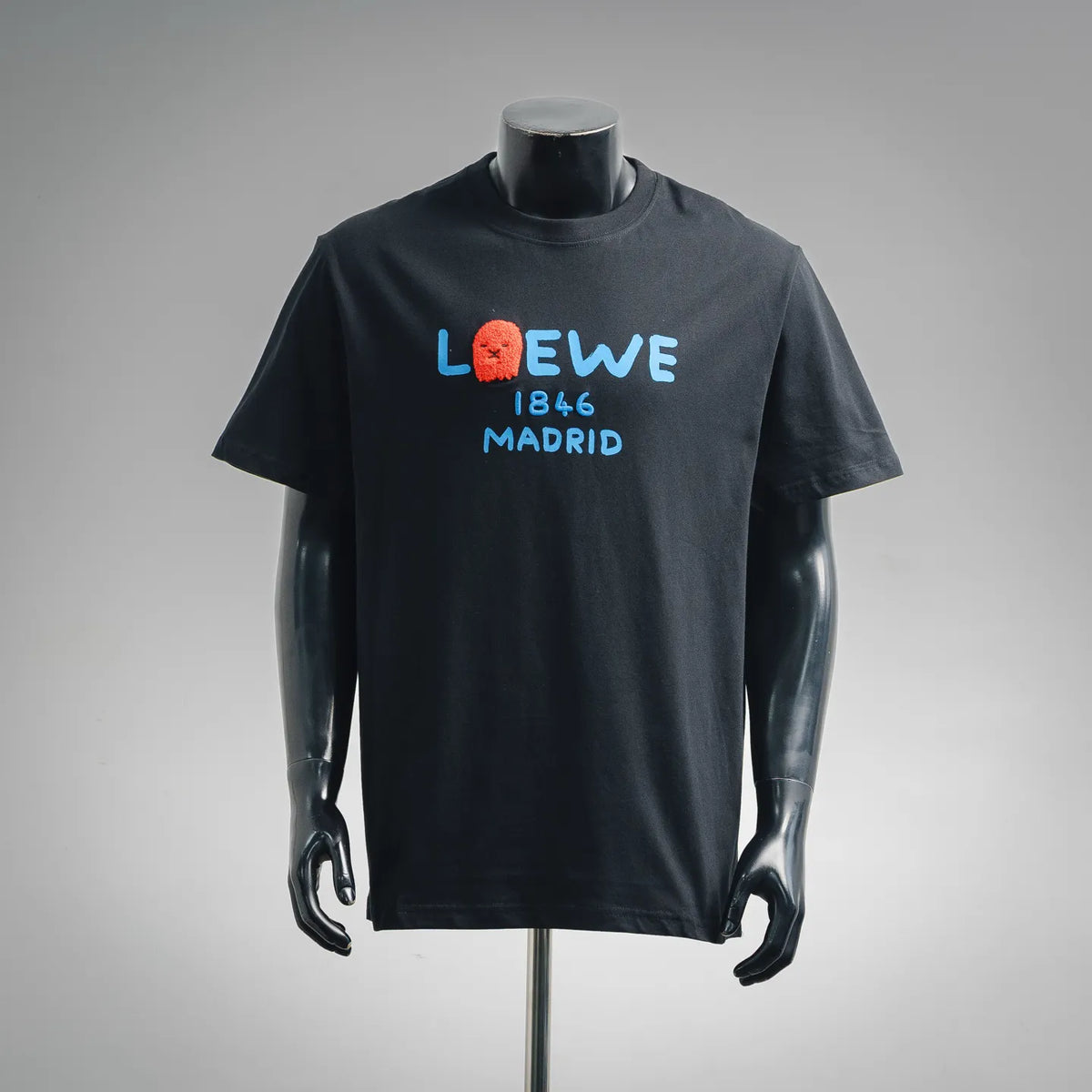 Black crewneck T-shirt with LOEWE Madrid graphic print on chest