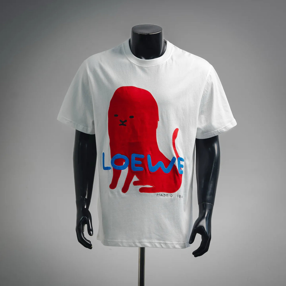 LOEWE white T-shirt with red bear graphic, blue LOEWE text
