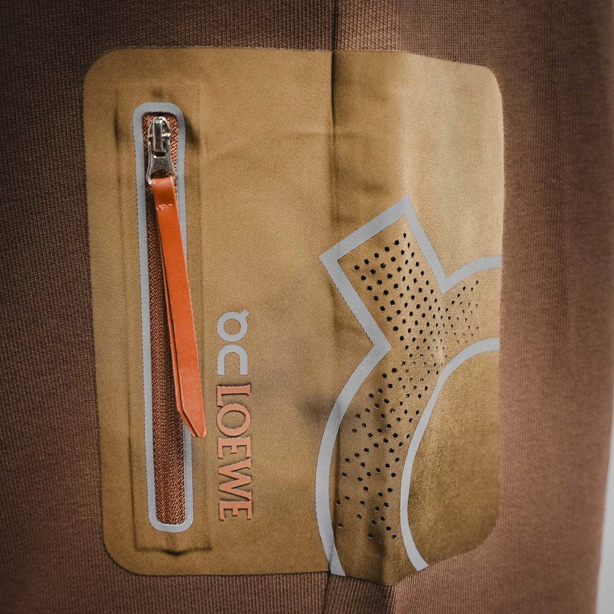 Printed LOEWE logo and emblem graphic on tan shorts fabric
