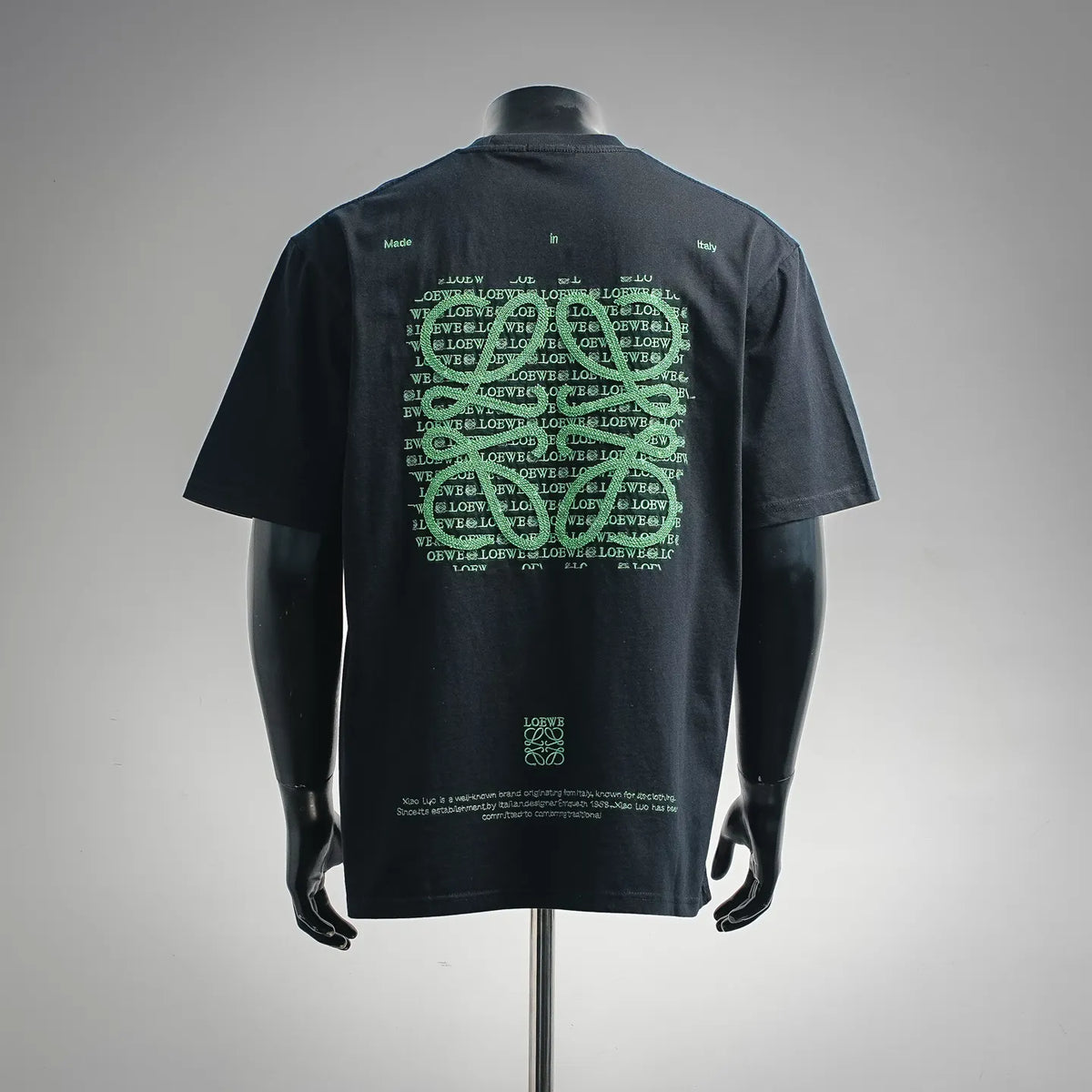 Navy short-sleeve T-shirt with green LOEWE logo print on back