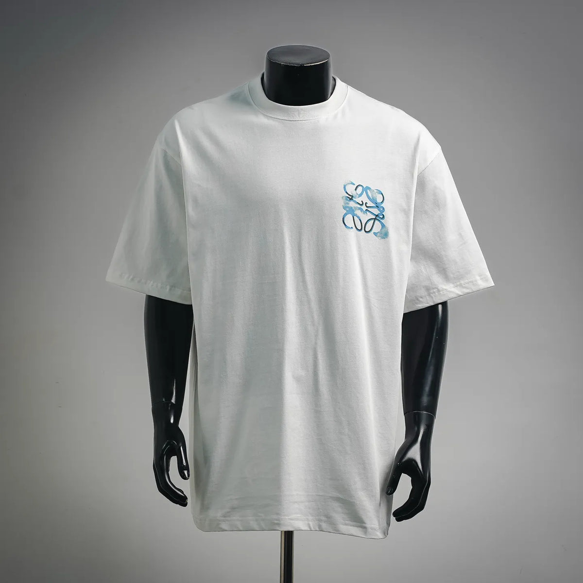 White LOEWE short-sleeve T-shirt with blue logo graphic