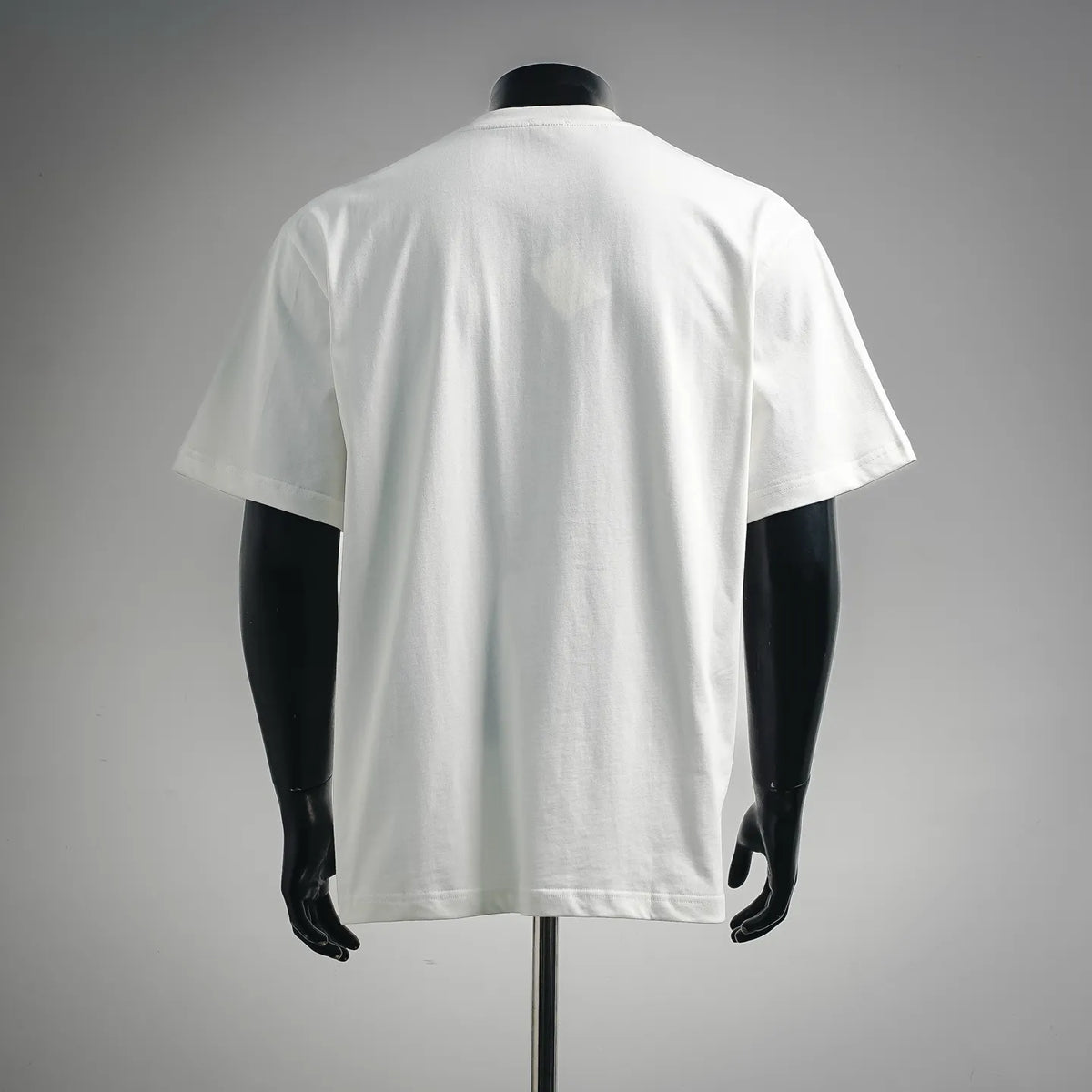 White short-sleeve T-shirt back view on a mannequin