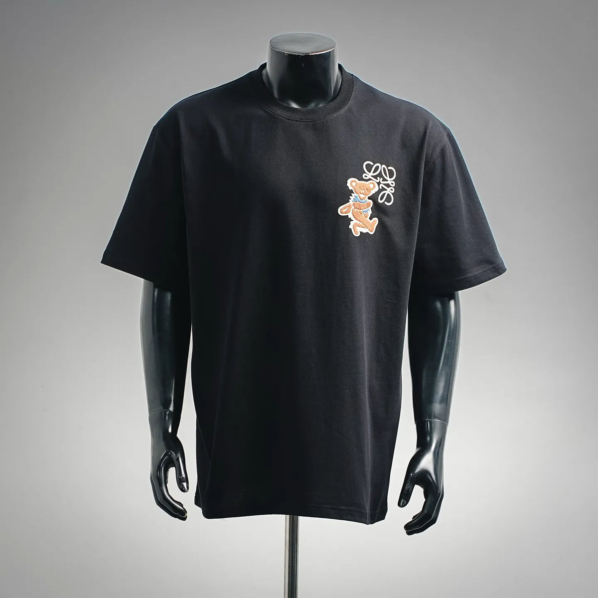 Black short-sleeve T-shirt with embroidered LOEWE x bear graphic on chest