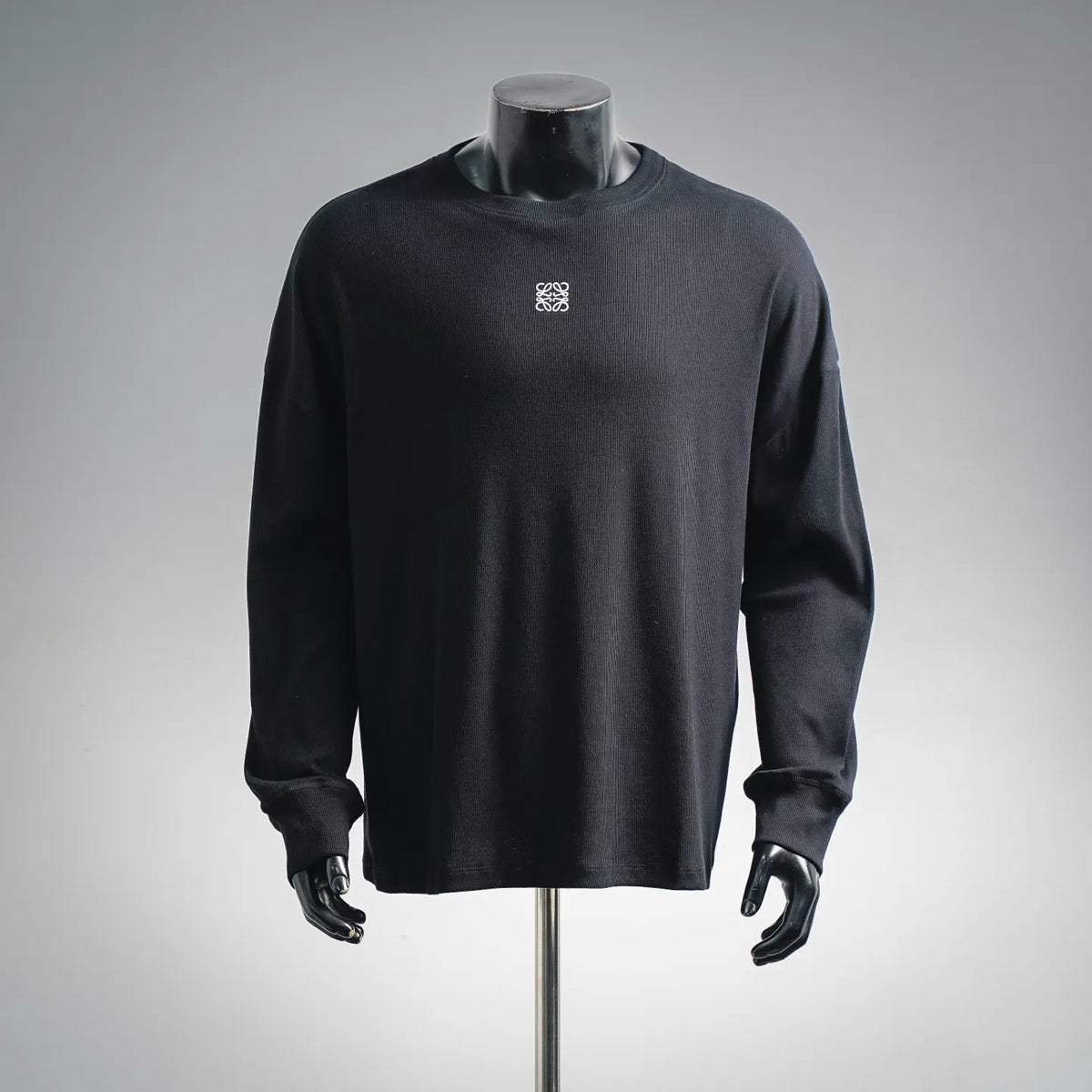 Dark LOEWE long-sleeve crewneck sweater with small front logo embroidery