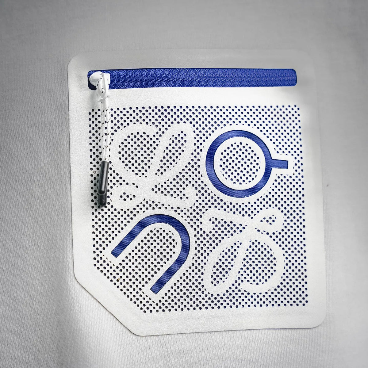 White T-shirt front square pocket patch with blue graphic print