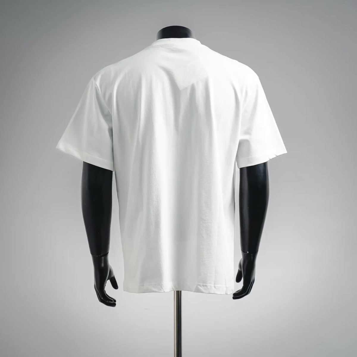 White short-sleeve T-shirt back view, plain with rounded crew neckline