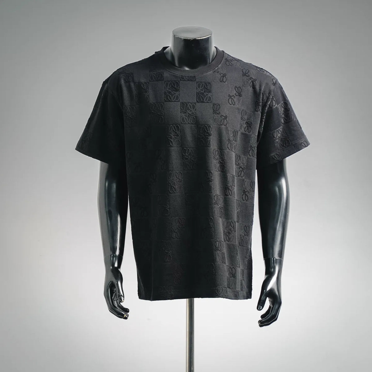 Black LOEWE crew-neck T-shirt with short sleeves and tonal patchwork monogram pattern