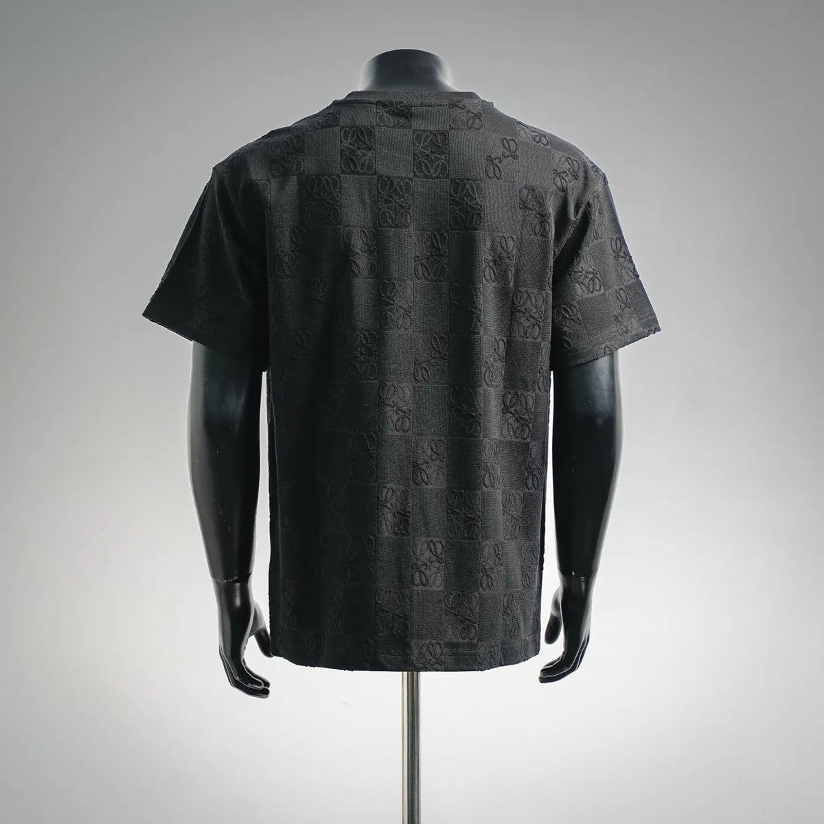 Black LOEWE crew-neck T-shirt back view with tonal patchwork monogram pattern