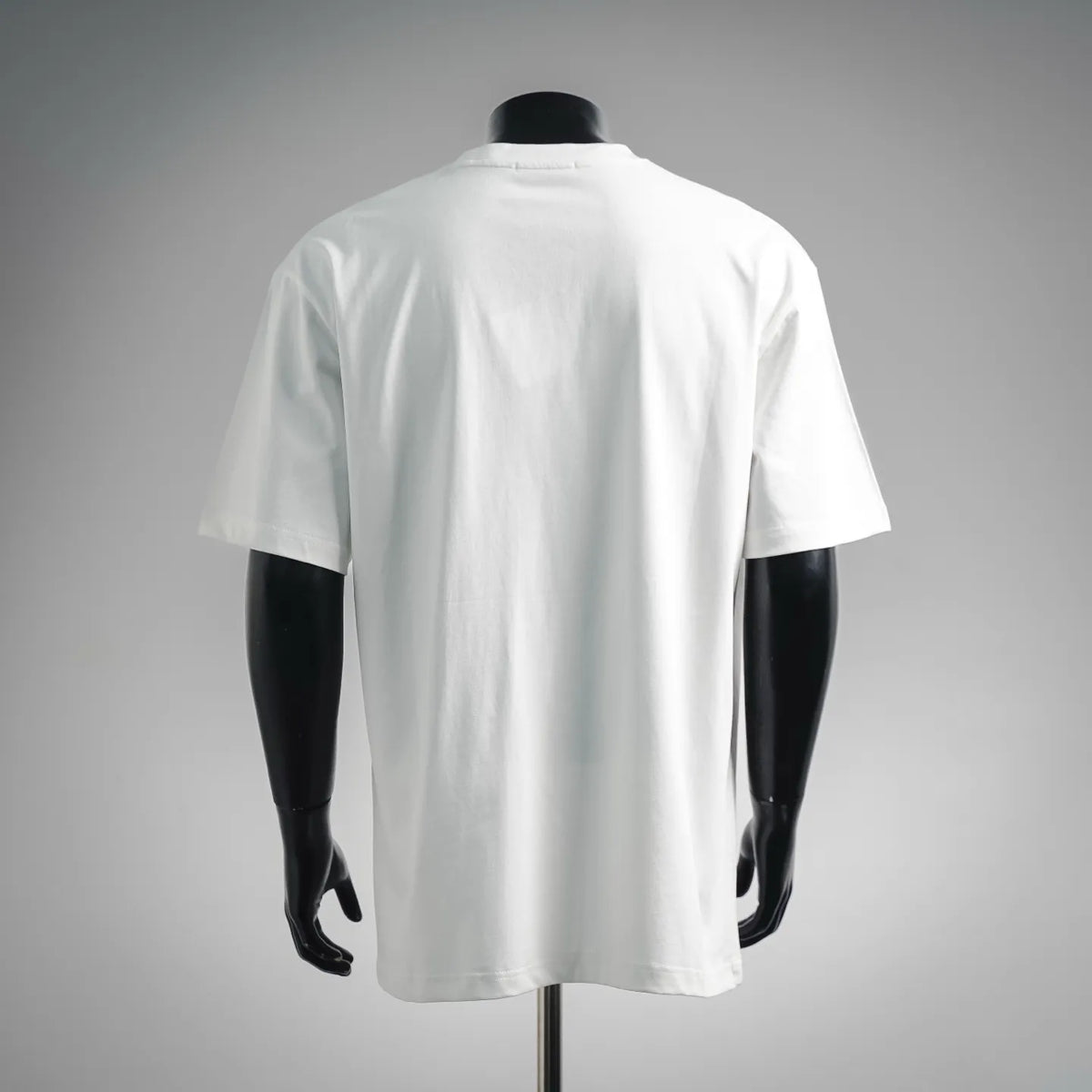 White T-shirt back view on a mannequin, crew neck, short sleeves.